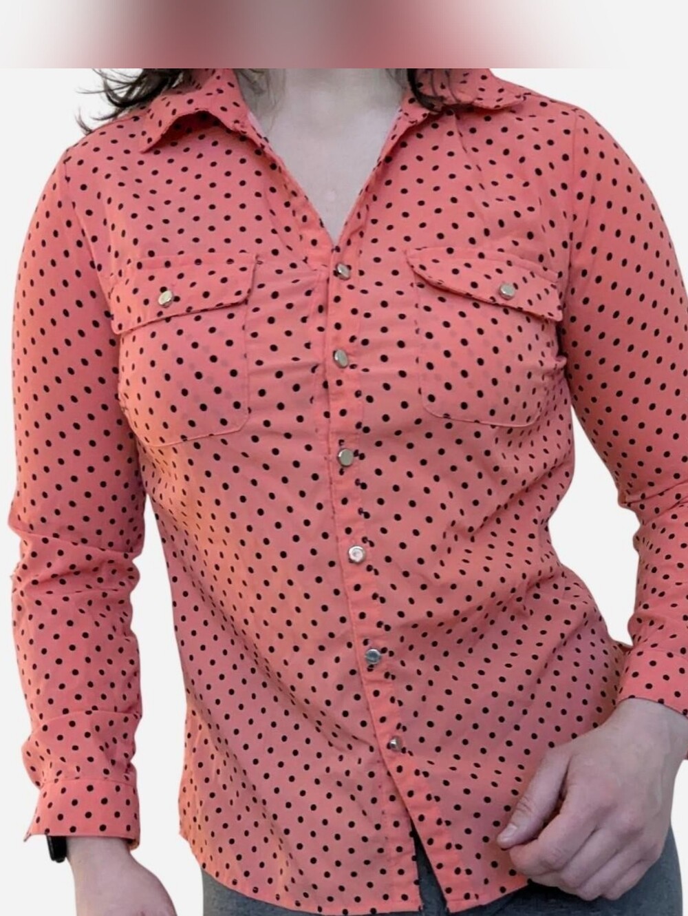 Vintage Y2K Notations Button Up Coral Pink W/ Black Polka Dot Blouse